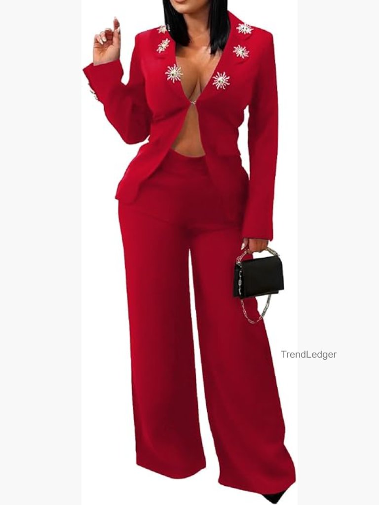 Sexy Blazer And Wide Leg Pant Set 2 Piece Pantsuits For Women